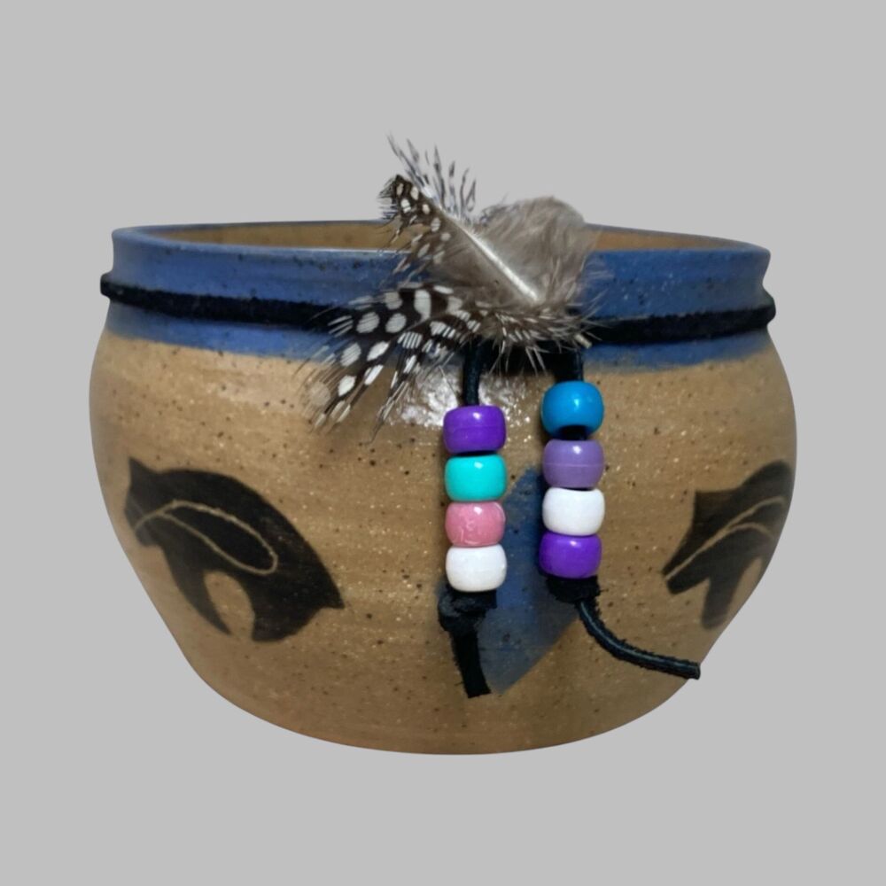 Southwestern Handmade Bear Pottery Bowl Planter with Beads & Feathers